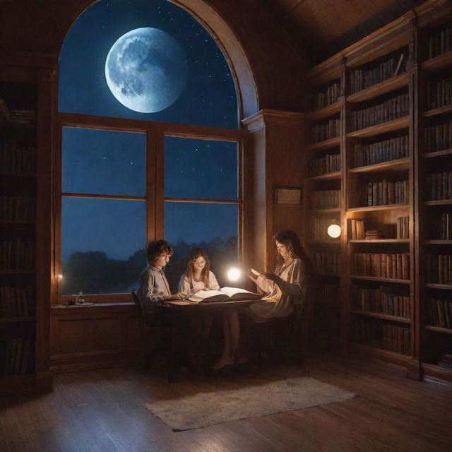 A whimsical library with high bookshelves, spotlights illuminating the room and a sloppy-haired boy alongside a beautiful girl with silky smooth hair, reading under a radiant moon's glow.