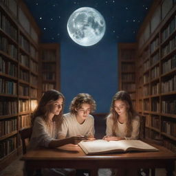 A whimsical library with high bookshelves, spotlights illuminating the room and a sloppy-haired boy alongside a beautiful girl with silky smooth hair, reading under a radiant moon's glow.