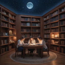 A whimsical library with high bookshelves, spotlights illuminating the room and a sloppy-haired boy alongside a beautiful girl with silky smooth hair, reading under a radiant moon's glow.