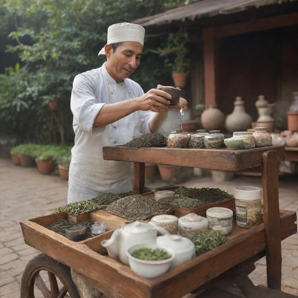 A tea seller at his wooden cart, surrounded by various types of tea leaves in small ceramic containers, pouring a cup of freshly brewed tea with vapors rising from it.