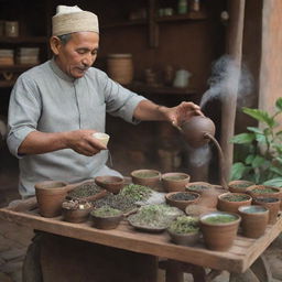 A tea seller at his wooden cart, surrounded by various types of tea leaves in small ceramic containers, pouring a cup of freshly brewed tea with vapors rising from it.