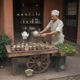 A tea seller at his wooden cart, surrounded by various types of tea leaves in small ceramic containers, pouring a cup of freshly brewed tea with vapors rising from it.