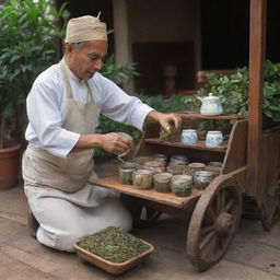 A tea seller at his wooden cart, surrounded by various types of tea leaves in small ceramic containers, pouring a cup of freshly brewed tea with vapors rising from it.