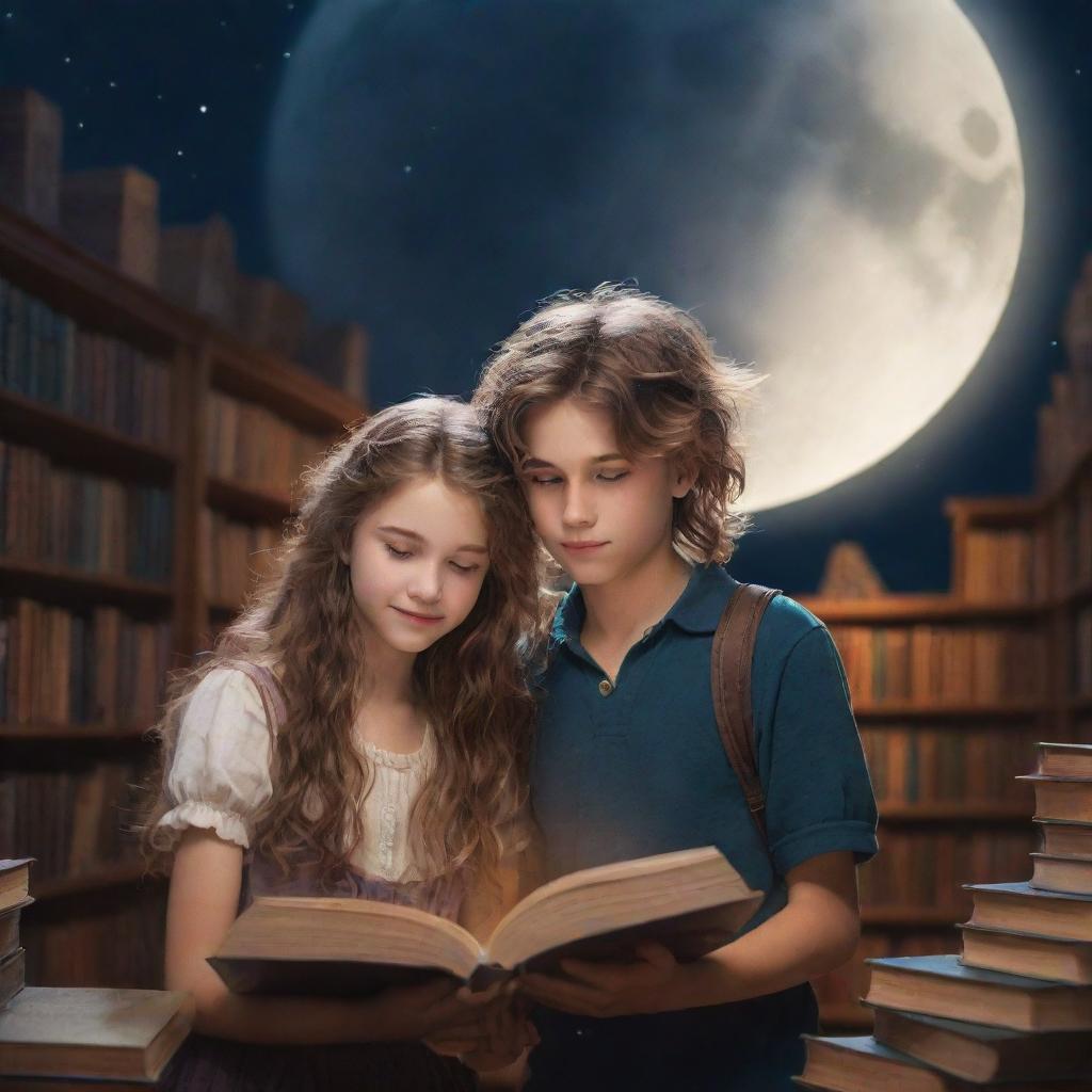 A magical fantasy library filled with a boy, sporting unkempt hair, and a beautiful girl with smooth, shining hair, immersed in their books beneath the soft glow of a moon.