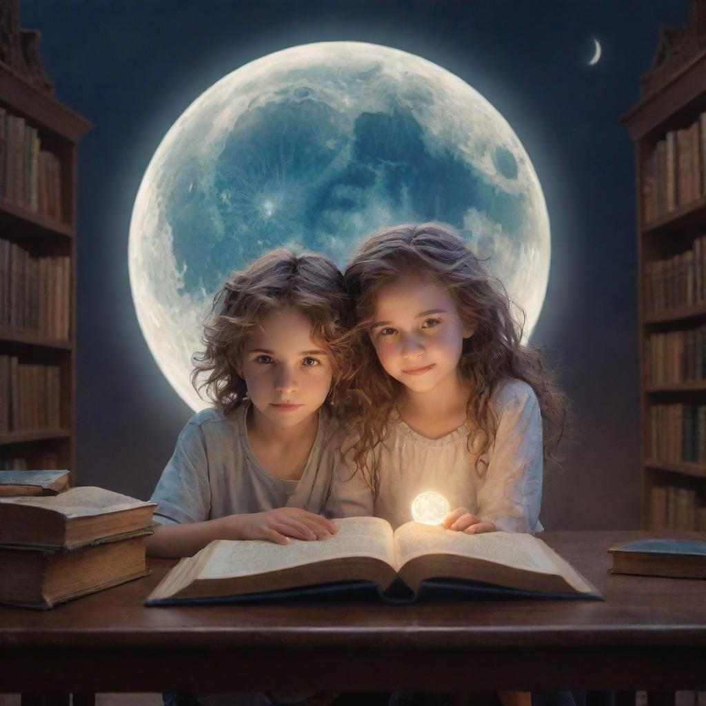 A magical fantasy library filled with a boy, sporting unkempt hair, and a beautiful girl with smooth, shining hair, immersed in their books beneath the soft glow of a moon.