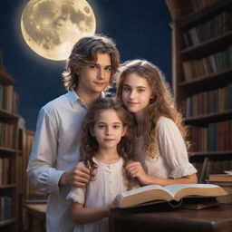 A magical fantasy library filled with a boy, sporting unkempt hair, and a beautiful girl with smooth, shining hair, immersed in their books beneath the soft glow of a moon.