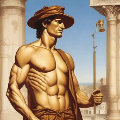 In Greek mythology, Hermes is depicted as a mendicant who travels the world with his staff, hat, and beggar's bag.