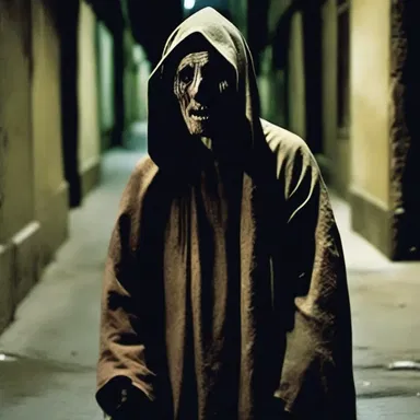 The horror movie featured a creepy mendicant who wandered the streets at night, lurking in the shadows and begging for money.