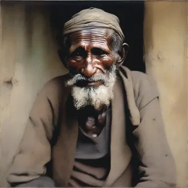 The artist painted a striking portrait of a mendicant, capturing the worn and weathered face of a beggar seeking alms.
