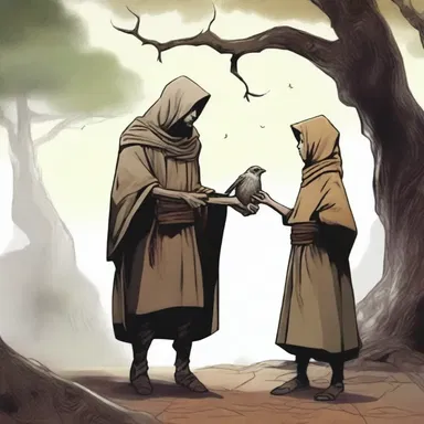 In the fantasy novel, the main character encounters a mendicant with mysterious powers who offers cryptic advice in exchange for food and shelter.