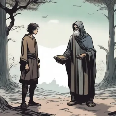 In the fantasy novel, the main character encounters a mendicant with mysterious powers who offers cryptic advice in exchange for food and shelter.