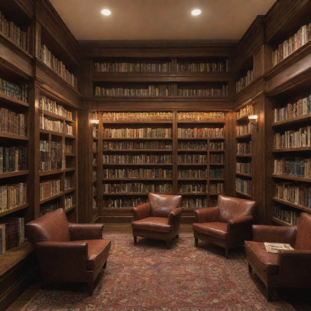 A cozy, warm-toned library filled with rows of well-read books, soft comfortable seating, and delicate, ambient lighting.