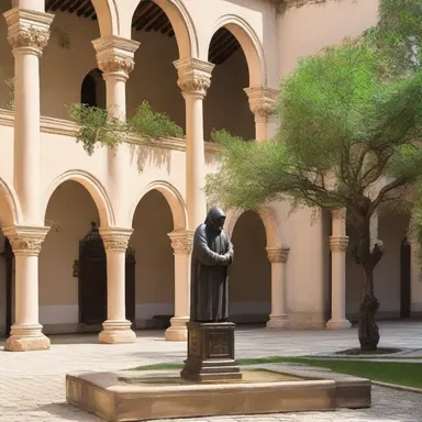 The monastery's courtyard featured a statue of a mendicant friar, symbolizing the religious order's commitment to a humble and simple way of life.