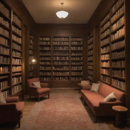 A cozy, warm-toned library filled with rows of well-read books, soft comfortable seating, and delicate, ambient lighting.