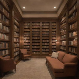 A cozy, warm-toned library filled with rows of well-read books, soft comfortable seating, and delicate, ambient lighting.