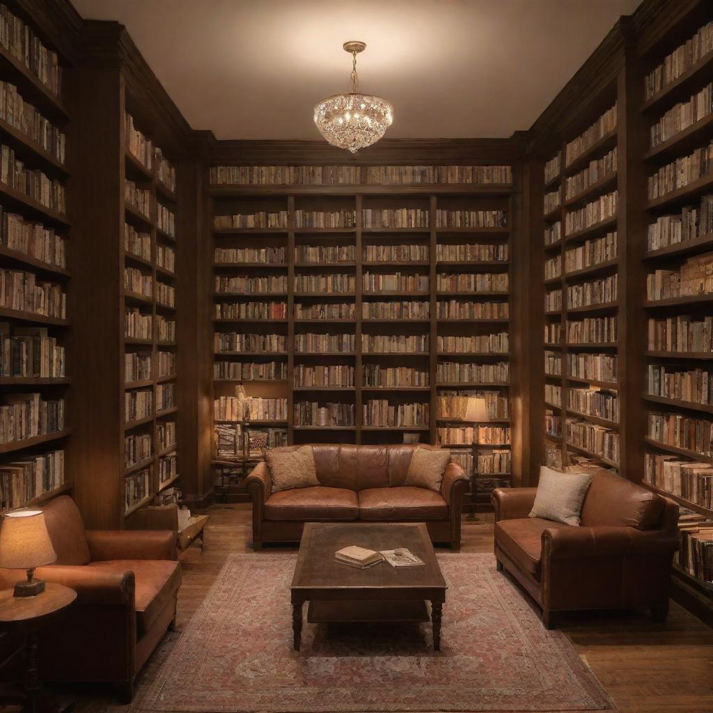 A cozy, warm-toned library filled with rows of well-read books, soft comfortable seating, and delicate, ambient lighting.