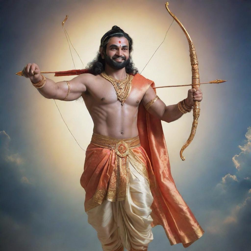 Shree Ram, a revered figure in Hinduism, depicted with a serene smile and traditional attire, equipped with a bow and arrow, standing against a backdrop of an ethereal celestial realm