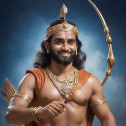 Shree Ram, a revered figure in Hinduism, depicted with a serene smile and traditional attire, equipped with a bow and arrow, standing against a backdrop of an ethereal celestial realm