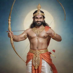 Shree Ram, a revered figure in Hinduism, depicted with a serene smile and traditional attire, equipped with a bow and arrow, standing against a backdrop of an ethereal celestial realm