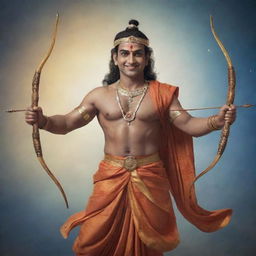 Shree Ram, a revered figure in Hinduism, depicted with a serene smile and traditional attire, equipped with a bow and arrow, standing against a backdrop of an ethereal celestial realm