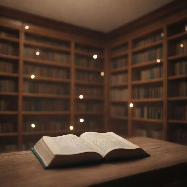 Subtle, animated version of a cozy library. Include soft lighting flickering on books, gentle floating dust particles illuminated by ambient light, and pages faintly turning for a serene website background.