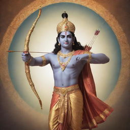 A serene and sacred image of Hindu God Shree Ram, clad in regal attire, holding a bow and arrow, surrounded by a tranquil, heavenly aura.