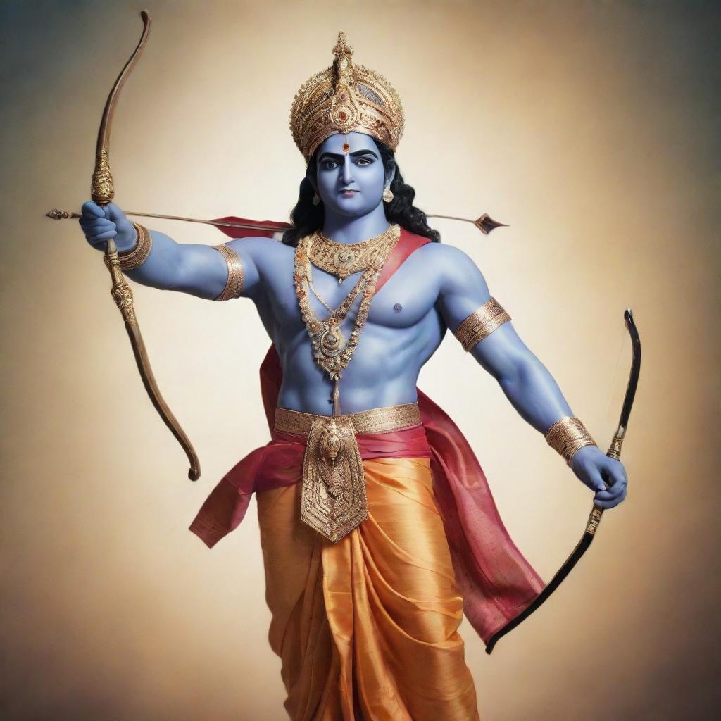 A serene and sacred image of Hindu God Shree Ram, clad in regal attire, holding a bow and arrow, surrounded by a tranquil, heavenly aura.