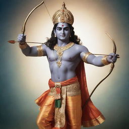 A serene and sacred image of Hindu God Shree Ram, clad in regal attire, holding a bow and arrow, surrounded by a tranquil, heavenly aura.