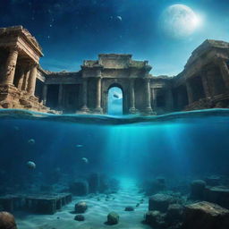 Fantasy scene of a sunken ancient city submerged deep underwater with a coherent view of the sky, stars, and planets seen through the clear water.