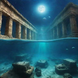 Fantasy scene of a sunken ancient city submerged deep underwater with a coherent view of the sky, stars, and planets seen through the clear water.