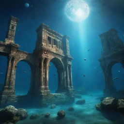 Fantasy scene of a sunken ancient city submerged deep underwater with a coherent view of the sky, stars, and planets seen through the clear water.