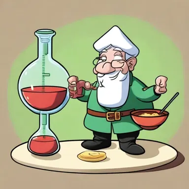 In the cartoon, the character uses a balance to measure ingredients for a potion.