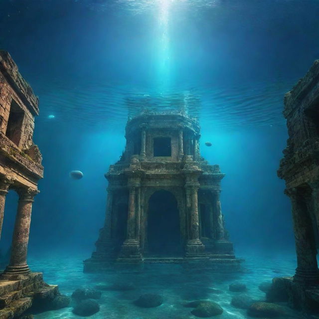 Fantasy scene of a sunken ancient city submerged deep underwater with a coherent view of the sky, stars, and planets seen through the clear water.