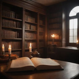 Remarkably aesthetic, subtly animated cozy library, excluding the central table. Focus on soft-candlelight flickering on well-loved books, gentle dust particles floating in light rays, and slight page movements, perfect for an elegant website background.