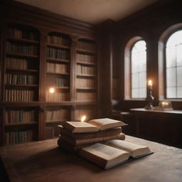 Remarkably aesthetic, subtly animated cozy library, excluding the central table. Focus on soft-candlelight flickering on well-loved books, gentle dust particles floating in light rays, and slight page movements, perfect for an elegant website background.