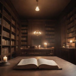 Remarkably aesthetic, subtly animated cozy library, excluding the central table. Focus on soft-candlelight flickering on well-loved books, gentle dust particles floating in light rays, and slight page movements, perfect for an elegant website background.