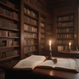 Remarkably aesthetic, subtly animated cozy library, excluding the central table. Focus on soft-candlelight flickering on well-loved books, gentle dust particles floating in light rays, and slight page movements, perfect for an elegant website background.