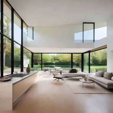 The modern house design balances open and closed spaces, creating a harmonious flow throughout the home.