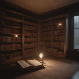 Subtle, animated, aesthetic representation of a cozy library, without a table but encompassing additional ambient lights. Soft lights flicker on old books, dust particles dance in gentle illumination, interspersed with faint page turning movements.