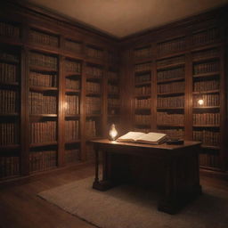 Subtle, animated, aesthetic representation of a cozy library, without a table but encompassing additional ambient lights. Soft lights flicker on old books, dust particles dance in gentle illumination, interspersed with faint page turning movements.