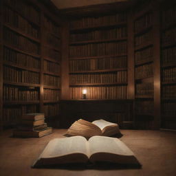 Subtle, animated, aesthetic representation of a cozy library, without a table but encompassing additional ambient lights. Soft lights flicker on old books, dust particles dance in gentle illumination, interspersed with faint page turning movements.