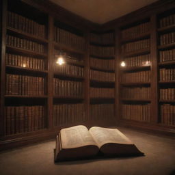 Subtle, animated, aesthetic representation of a cozy library, without a table but encompassing additional ambient lights. Soft lights flicker on old books, dust particles dance in gentle illumination, interspersed with faint page turning movements.