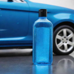 A vibrant photo of car shampoo, featuring a translucent blue bottle with glossy bubbles reflecting light. The background is a clean and polished car.