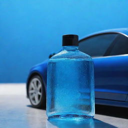 A vibrant photo of car shampoo, featuring a translucent blue bottle with glossy bubbles reflecting light. The background is a clean and polished car.