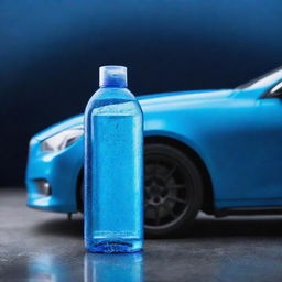 A vibrant photo of car shampoo, featuring a translucent blue bottle with glossy bubbles reflecting light. The background is a clean and polished car.