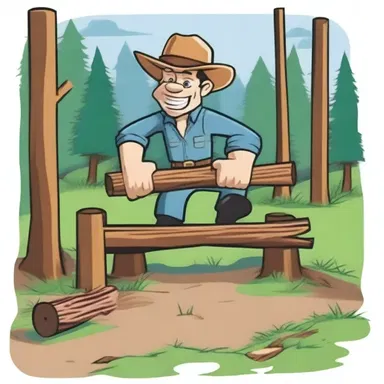 In the cartoon, the rail-splitter character effortlessly splits logs to build a split-rail fence.