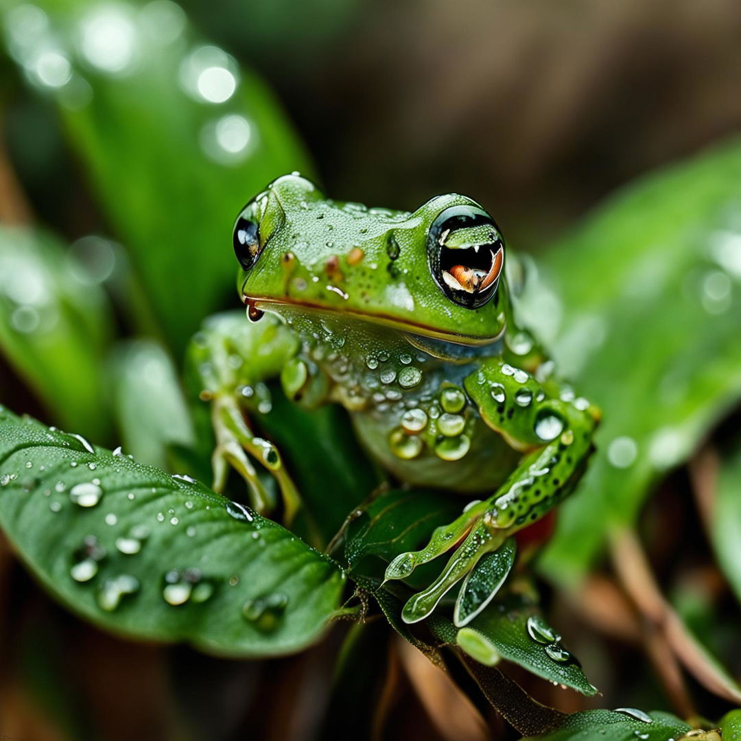 This is a high-quality nature photograph featuring a vibrant green froglet as the focal point