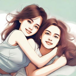 A high-quality digital art piece depicting a girl lying on top of another girl