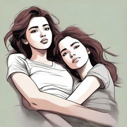 A high-quality digital art piece depicting a girl lying on top of another girl