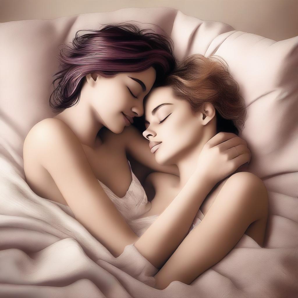 A tasteful digital art piece showcasing a lesbian couple in bed